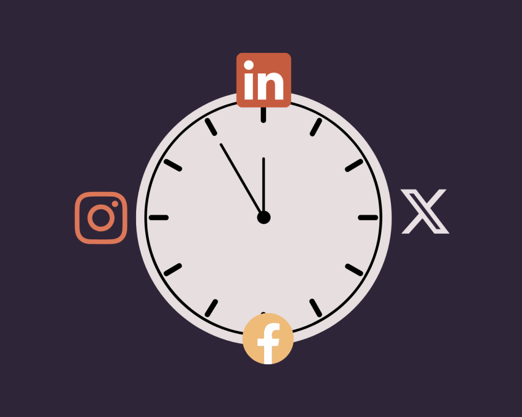 Illustration of a clock and posting at different times to maximise engagement.